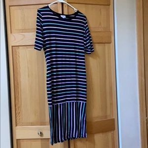 LuLaRoe Julia dress - navy and pastel stripes